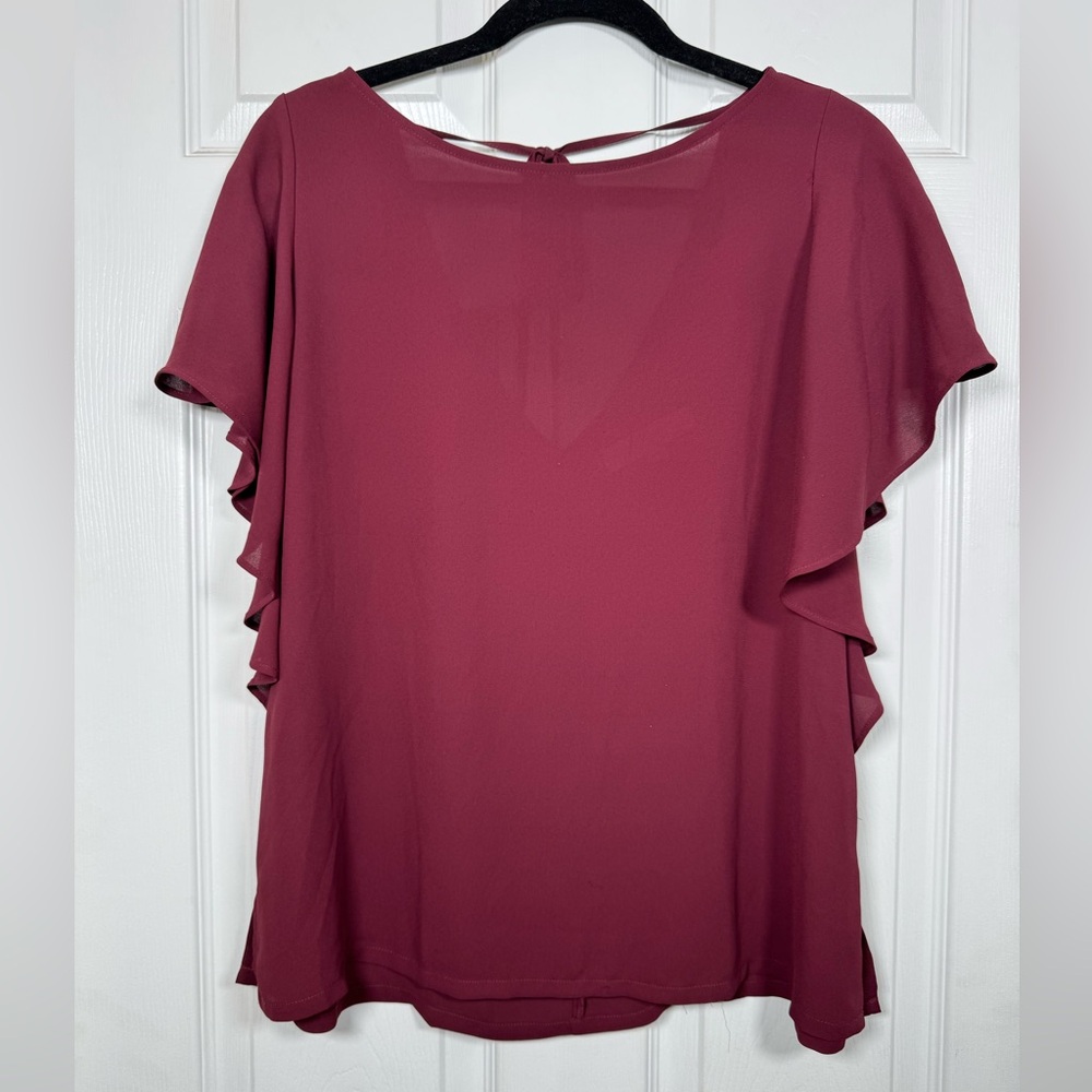 LOFT Burgundy Wine Flutter Sleeve Chiffon Blouse Medium Tie Back